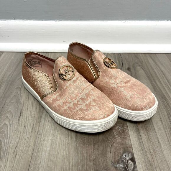Michael Kors Sneakers Girls 2 Araceli Blush Pink Glittery Logo Slip-On - Picture 1 of 6